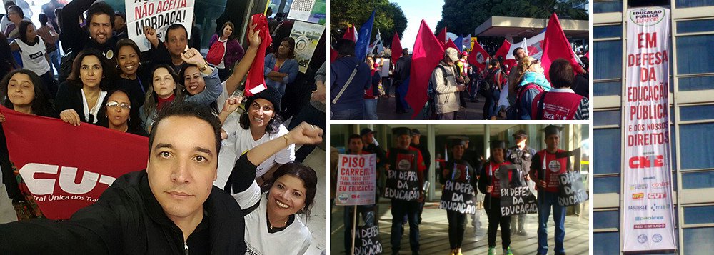 Ato que reúne profissionais da educação e integrantes de movimentos sociais denuncia o desmanche do Conselho Nacional de Educação, cujos titulares tinham mandato de quatro anos, pelo interino Michel Temer; desde as primeiras horas desta quarta-feira 29, grupo faz um 'trancaço' na sede do ministério; cerca de 80 pessoas estão dentro do prédio e outras 500 bloqueiam a entrada; o ministro interino, Mendonça Filho, e seus assessores foram impedidos de entrar no órgão; objetivo é protestar em defesa da educação pública e alertar o povo sobre os ataques do governo interino contra a educação com políticas de arrocho e sucateamento; segundo a CUT, durante o ato trabalhadores foram detidos e agredidos por seguranças e um está desaparecido; o MEC não era ocupado desde 2002; vídeo (Foto: Roberta Namour) Ato que reúne profissionais da educação e integrantes de movimentos sociais denuncia o desmanche do Conselho Nacional de Educação, cujos titulares tinham mandato de quatro anos, pelo interino Michel Temer; desde as primeiras horas desta quarta-feira 29, grupo faz um 'trancaço' na sede do ministério; cerca de 80 pessoas estão dentro do prédio e outras 500 bloqueiam a entrada; o ministro interino, Mendonça Filho, e seus assessores foram impedidos de entrar no órgão; objetivo é protestar em defesa da educação pública e alertar o povo sobre os ataques do governo interino contra a educação com políticas de arrocho e sucateamento; segundo a CUT, durante o ato trabalhadores foram detidos e agredidos por seguranças e um está desaparecido; o MEC não era ocupado desde 2002; vídeo