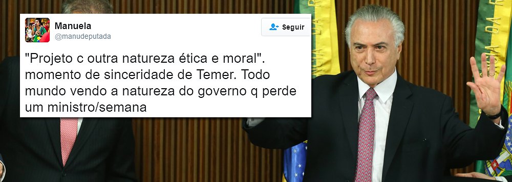 Deputada estadual Manuela D’Ávila (PCdoB-RS) questionou, pelo Twitter, entrevista do presidente interino Michel Temer ao Globonews: ‘"Projeto com outra natureza ética e moral". Momento de sinceridade de Temer. Todo mundo vendo a natureza do governo que perde um ministro/semana’ (Foto: Roberta Namour) Deputada estadual Manuela D’Ávila (PCdoB-RS) questionou, pelo Twitter, entrevista do presidente interino Michel Temer ao Globonews: ‘"Projeto com outra natureza ética e moral". Momento de sinceridade de Temer. Todo mundo vendo a natureza do governo que perde um ministro/semana’