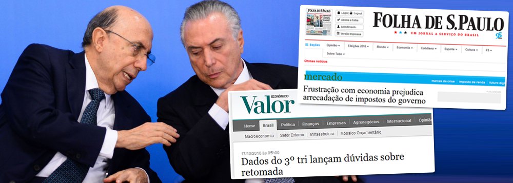 Nem os meios de comunicação familiares, fiadores do golpe parlamentar de 2016, conseguem esconder os péssimos resultados da economia, sob a gestão de Michel Temer e Henrique Meirelles desde 13 de maio deste ano, ou seja, há 157 dias; reportagem desta segunda-feira do Valor Econômico demonstra que não haverá retomada da economia no último trimestre deste ano; se houver, será no início de 2017; além disso, os dados da arrecadação de impostos mostram um país em queda livre, que poderá ter dificuldades até para cumprir a meta (ampliada) de rombo fiscal de R$ 170 bilhões (Foto: Leonardo Attuch) Nem os meios de comunicação familiares, fiadores do golpe parlamentar de 2016, conseguem esconder os péssimos resultados da economia, sob a gestão de Michel Temer e Henrique Meirelles desde 13 de maio deste ano, ou seja, há 157 dias; reportagem desta segunda-feira do Valor Econômico demonstra que não haverá retomada da economia no último trimestre deste ano; se houver, será no início de 2017; além disso, os dados da arrecadação de impostos mostram um país em queda livre, que poderá ter dificuldades até para cumprir a meta (ampliada) de rombo fiscal de R$ 170 bilhões