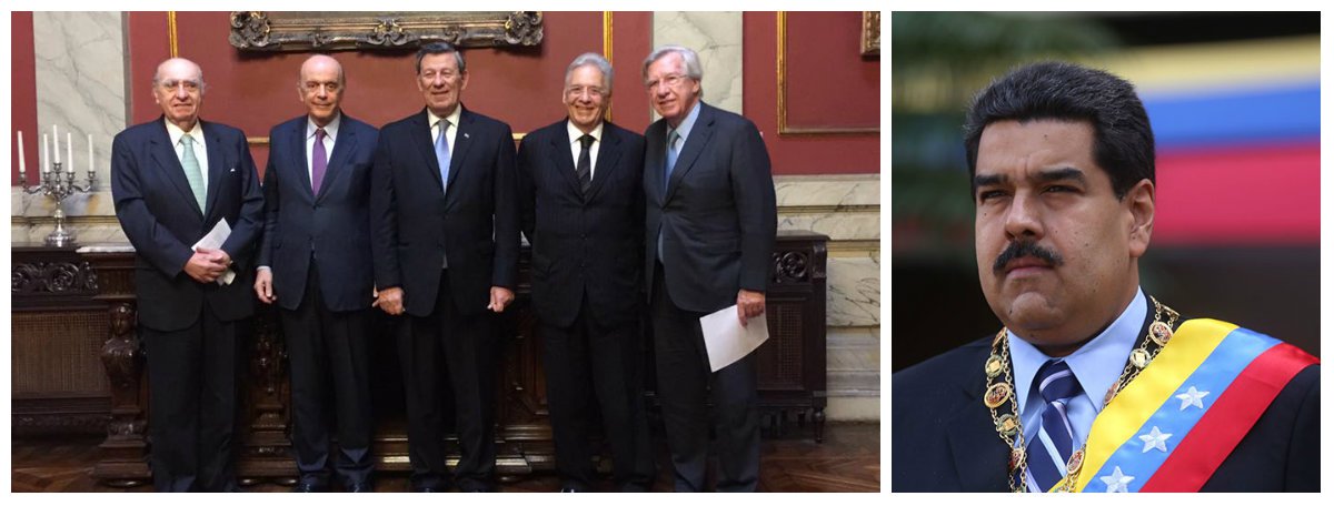 Numa de suas primeiras missões internacionais, no Uruguai, o chanceler interino José Serra causou mal-estar ao pedir que os uruguaios não passem a presidência temporária do Mercosul à Venezuela, como preveem as regras do bloco; Serra levou a tiracolo o ex-presidente Fernando Henrique Cardoso e ambos pediram ao presidente Tabaré Vazquez que não ceda o posto a Nicolás Maduro; o pedido, no entanto, foi negado; “Existe uma posição do Uruguai que compreendemos, que se tem de respeitar as regras”, admitiu FHC; Serra pretendia aplicar a cláusula democrática à Venezuela, quando o próprio Brasil vem sendo contestado pela Unasul por ter levado adiante um golpe parlamentar contra a presidente eleita Dilma Rousseff (Foto: Leonardo Attuch) Numa de suas primeiras missões internacionais, no Uruguai, o chanceler interino José Serra causou mal-estar ao pedir que os uruguaios não passem a presidência temporária do Mercosul à Venezuela, como preveem as regras do bloco; Serra levou a tiracolo o ex-presidente Fernando Henrique Cardoso e ambos pediram ao presidente Tabaré Vazquez que não ceda o posto a Nicolás Maduro; o pedido, no entanto, foi negado; “Existe uma posição do Uruguai que compreendemos, que se tem de respeitar as regras”, admitiu FHC; Serra pretendia aplicar a cláusula democrática à Venezuela, quando o próprio Brasil vem sendo contestado pela Unasul por ter levado adiante um golpe parlamentar contra a presidente eleita Dilma Rousseff