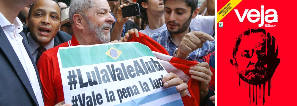 Em sua edição deste fim de semana, a revista Veja, mais uma vez, celebra (antes da hora) a morte do ex-presidente Luiz Inácio Lula da Silva, numa capa sem título, que apenas derrama seu sangue e o petróleo da Petrobras, expressando, assim, os desejos de seus editores; internamente,a publicação traz uma pequena entrevista com juiz Sergio Moro, feita após uma palestra nos Estados Unidos; "Vou repetir a palavra que o senhor mais ouve na rua: o ex-presidente Lula será preso?", questionou o repórter de Veja; "Sem comentários", respondeu Moro; afinal: Lula está morto? (Foto: Ana Pupulin) Em sua edição deste fim de semana, a revista Veja, mais uma vez, celebra (antes da hora) a morte do ex-presidente Luiz Inácio Lula da Silva, numa capa sem título, que apenas derrama seu sangue e o petróleo da Petrobras, expressando, assim, os desejos de seus editores; internamente,a publicação traz uma pequena entrevista com juiz Sergio Moro, feita após uma palestra nos Estados Unidos; "Vou repetir a palavra que o senhor mais ouve na rua: o ex-presidente Lula será preso?", questionou o repórter de Veja; "Sem comentários", respondeu Moro; afinal: Lula está morto?