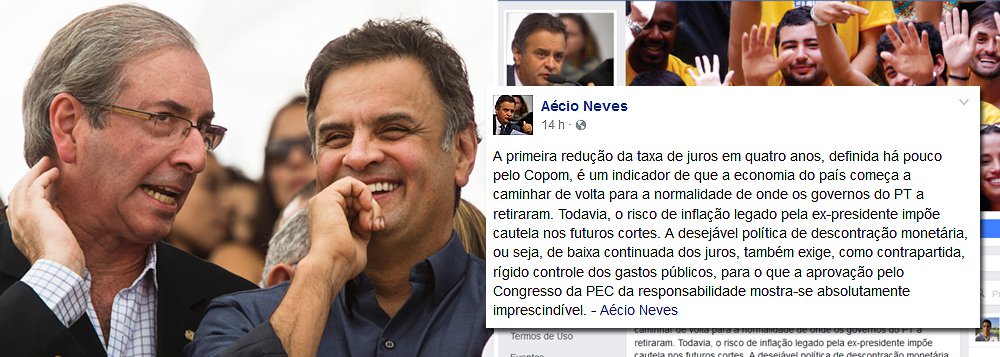 No dia em que o ex-deputado Eduardo Cunha foi preso, abalando Brasília, a única declaração pública do senador e presidente do PSDB, Aécio Neves, foi sobre a taxa básica de juros e a votação da PEC 241; "A primeira redução da taxa de juros em quatro anos, definida há pouco pelo Copom, é um indicador de que a economia do país começa a caminhar de volta para a normalidade de onde os governos do PT a retiraram", postou o tucano em seu Facebook, depois de um dia de silêncio sobre a prisão do aliado no processo de impeachment de Dilma Rousseff (Foto: Gisele Federicce) No dia em que o ex-deputado Eduardo Cunha foi preso, abalando Brasília, a única declaração pública do senador e presidente do PSDB, Aécio Neves, foi sobre a taxa básica de juros e a votação da PEC 241; "A primeira redução da taxa de juros em quatro anos, definida há pouco pelo Copom, é um indicador de que a economia do país começa a caminhar de volta para a normalidade de onde os governos do PT a retiraram", postou o tucano em seu Facebook, depois de um dia de silêncio sobre a prisão do aliado no processo de impeachment de Dilma Rousseff