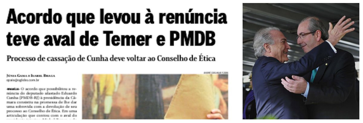 Após a confirmação, pelo próprio jornal O Globo, de que o acordão pela renúncia de Eduardo Cunha à presidência da Câmara dos Deputados contou com a participação direta do Palácio do Planalto, o interino Michel Temer pode ter colocado em risco seu governo provisório; se Cunha conseguir de fato se salvar, não apenas a Câmara sairá desmoralizada do processo, mas também o próprio vice-presidente em exercício; no entanto, se Temer não conseguir entregar a Cunha a proteção prometida, ficará à mercê de sua eventual vingança; o fato de ter dado aval ao resgate de um político que hoje simboliza a corrupção (como noticia O Globo) demonstra que, na prática, Temer é refém de Cunha e pode, a qualquer momento, ser abatido por ele (Foto: Leonardo Attuch) Após a confirmação, pelo próprio jornal O Globo, de que o acordão pela renúncia de Eduardo Cunha à presidência da Câmara dos Deputados contou com a participação direta do Palácio do Planalto, o interino Michel Temer pode ter colocado em risco seu governo provisório; se Cunha conseguir de fato se salvar, não apenas a Câmara sairá desmoralizada do processo, mas também o próprio vice-presidente em exercício; no entanto, se Temer não conseguir entregar a Cunha a proteção prometida, ficará à mercê de sua eventual vingança; o fato de ter dado aval ao resgate de um político que hoje simboliza a corrupção (como noticia O Globo) demonstra que, na prática, Temer é refém de Cunha e pode, a qualquer momento, ser abatido por ele