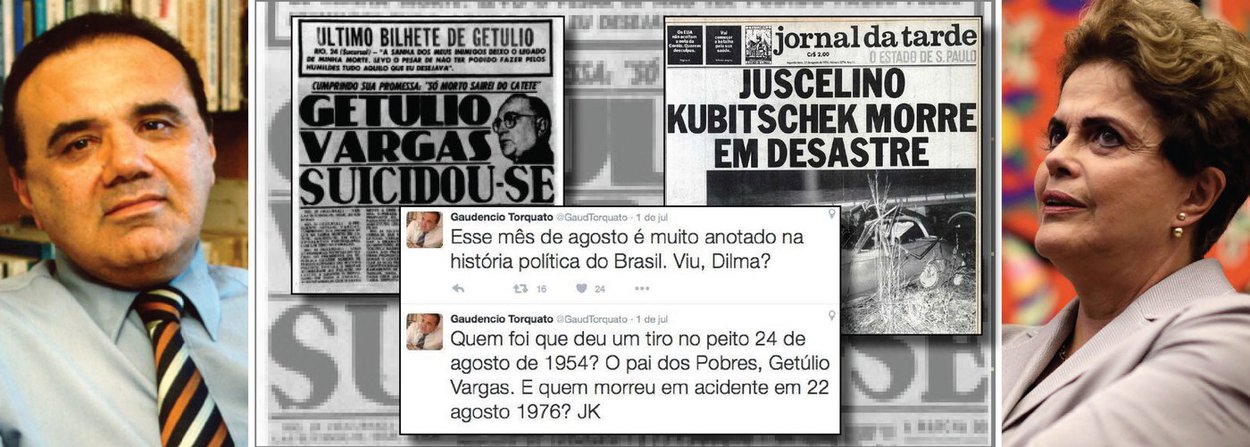 Consultor político do presidente interino, o jornalista Gaudêncio Torquato causou polêmica ao postar no Twitter uma espécie de "alerta" à presidente Dilma Rousseff em relação ao mês de agosto, mês previsto para ser votado o impeachment; "Quem foi que deu um tiro no peito 24 de agosto de 1954? O pai dos Pobres, Getúlio Vargas. E quem morreu em acidente em 22 agosto 1976? JK. Esse mês de agosto é muito anotado na história política do Brasil. Viu, Dilma?", publicou Torquato; depois de ser metralhado pelos seguidores, ele disse que interpretar a frase como uma sugestão à morte de Dilma era coisa de "petista radical"; "Lembrei que agosto é mês aziago na história brasileira! Apenas isso!!", rebateu (Foto: Gisele Federicce) Consultor político do presidente interino, o jornalista Gaudêncio Torquato causou polêmica ao postar no Twitter uma espécie de "alerta" à presidente Dilma Rousseff em relação ao mês de agosto, mês previsto para ser votado o impeachment; "Quem foi que deu um tiro no peito 24 de agosto de 1954? O pai dos Pobres, Getúlio Vargas. E quem morreu em acidente em 22 agosto 1976? JK. Esse mês de agosto é muito anotado na história política do Brasil. Viu, Dilma?", publicou Torquato; depois de ser metralhado pelos seguidores, ele disse que interpretar a frase como uma sugestão à morte de Dilma era coisa de "petista radical"; "Lembrei que agosto é mês aziago na história brasileira! Apenas isso!!", rebateu