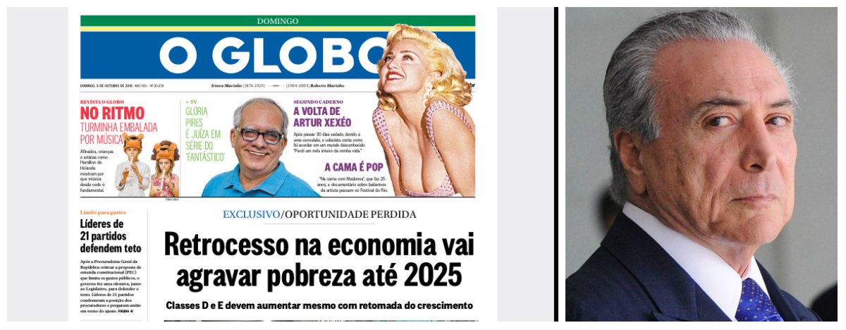 O processo de autodestruição do Brasil, iniciado em 2014, após a vitória de Dilma Rousseff nas eleições presidenciais, custará uma década de sacrifícios ao povo brasileiro; de acordo com a reportagem de capa do Globo, que contribuiu decisivamente para esse processo, pelo menos 1 milhão de famílias voltarão para as classes D e E nos próximos nove anos, recolocando o Brasil no mapa do pobreza; economia vem se deteriorando desde que o impeachment passou a ser a única agenda do País e, até agora, apesar das promessas Michel Temer e Henrique Meirelles, pouco se fez para estimular a volta do crescimento (Foto: Leonardo Attuch) O processo de autodestruição do Brasil, iniciado em 2014, após a vitória de Dilma Rousseff nas eleições presidenciais, custará uma década de sacrifícios ao povo brasileiro; de acordo com a reportagem de capa do Globo, que contribuiu decisivamente para esse processo, pelo menos 1 milhão de famílias voltarão para as classes D e E nos próximos nove anos, recolocando o Brasil no mapa do pobreza; economia vem se deteriorando desde que o impeachment passou a ser a única agenda do País e, até agora, apesar das promessas Michel Temer e Henrique Meirelles, pouco se fez para estimular a volta do crescimento