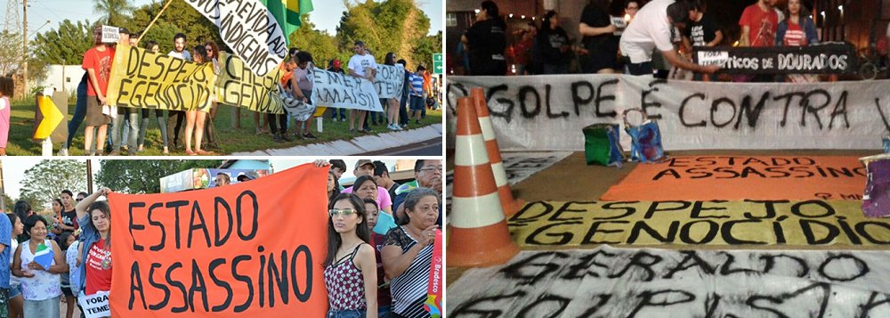 Durante a passagem da tocha olímpica no município, grupo de estudantes da UFGD (Universidade Federal da Grande Dourados) se posicionou no trevo de acesso à MS-156, na Reserva Indígena de Dourados, com cartazes pedindo a saída do presidente interino Michel Temer (PMDB); eles também protestaram contra o genocídio indígena (Foto: Roberta Namour) Durante a passagem da tocha olímpica no município, grupo de estudantes da UFGD (Universidade Federal da Grande Dourados) se posicionou no trevo de acesso à MS-156, na Reserva Indígena de Dourados, com cartazes pedindo a saída do presidente interino Michel Temer (PMDB); eles também protestaram contra o genocídio indígena