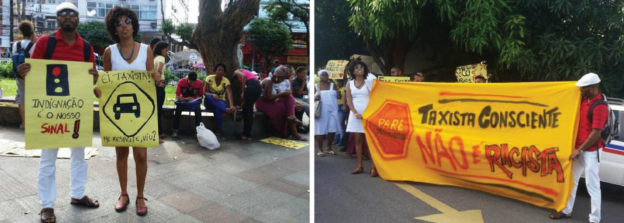 O Coletivo de Entidades Negras de Salvador organizou nesta quarta (27) um ato contra o racismo policial e de taxistas na capital baiana em que foram denunciados casos como a detenção do jornalista e ativista negro Eduardo Machado, no dia 23 de junho; o grupo de ativistas seguiu em passeata até a Coordenadoria de Táxis e Transportes Especiais (Cotae) de Salvador, cantando palavras de ordem como “taxistas racistas não passarão” (Foto: Valter Lima) O Coletivo de Entidades Negras de Salvador organizou nesta quarta (27) um ato contra o racismo policial e de taxistas na capital baiana em que foram denunciados casos como a detenção do jornalista e ativista negro Eduardo Machado, no dia 23 de junho; o grupo de ativistas seguiu em passeata até a Coordenadoria de Táxis e Transportes Especiais (Cotae) de Salvador, cantando palavras de ordem como “taxistas racistas não passarão”