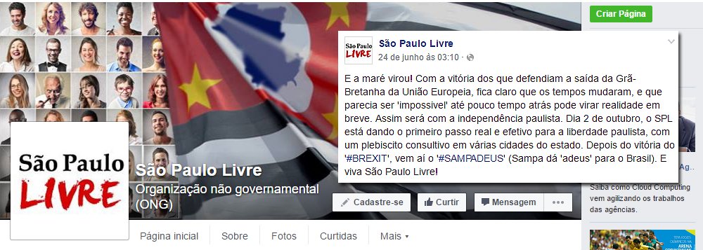 Vitória da maioria dos britânicos pela saída da União Europeia estimulou o movimento Sampa Livre, que tem um site na Internet e perfil em redes sociais, a chamar um plebiscito não-oficial consultivo em várias cidades do estado no dia 2 de outubro; "Fica claro que os tempos mudaram, e que parecia ser 'impossivel' até pouco tempo atrás pode virar realidade em breve. Assim será com a independência paulista. Dia 2 de outubro, o SPL está dando o primeiro passo real e efetivo para a liberdade paulista, com um plebiscito consultivo em várias cidades do estado. Depois do vitória do '#BREXIT', vem aí o '#SAMPADEUS' (Sampa dá 'adeus' para o Brasil). E viva São Paulo Livre!", diz o texto (Foto: Aquiles Lins) www.brasil247.com - Vitória da maioria dos britânicos pela saída da União Europeia estimulou o movimento Sampa Livre, que tem um site na Internet e perfil em redes sociais, a chamar um plebiscito não-oficial consultivo em várias cidades do estado no dia 2 de outubro; "Fica claro que os tempos mudaram, e que parecia ser 'impossivel' até pouco tempo atrás pode virar realidade em breve. Assim será com a independência paulista. Dia 2 de outubro, o SPL está dando o primeiro passo real e efetivo para a liberdade paulista, com um plebiscito consultivo em várias cidades do estado. Depois do vitória do '#BREXIT', vem aí o '#SAMPADEUS' (Sampa dá 'adeus' para o Brasil). E viva São Paulo Livre!", diz o texto