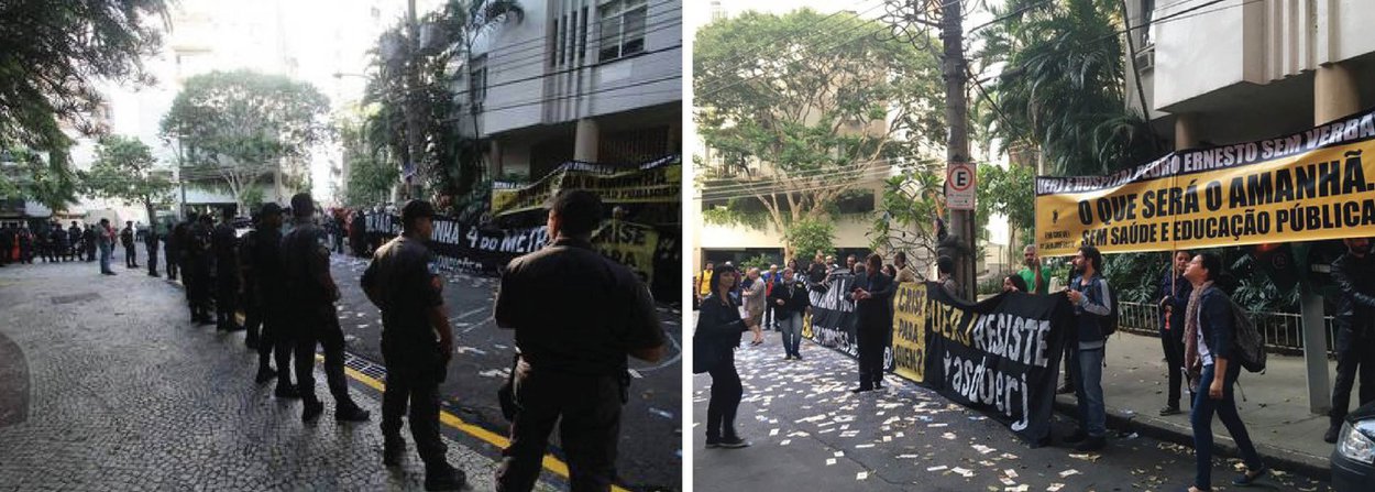 Professores da Universidade Estadual do Rio de Janeiro (Uerj) fizeram um protesto em frente à casa do governador em exercício, Francisco Dornelles, no Jardim Botânico, na Zona Sul do Rio; com notas de R$ 100 e R$ 50 falsas, além de cartazes, os servidores cobraram os salários atrasados; a categoria está em greve há mais de três meses e pede um encontro com o chefe do executivo; "Não tem arrego! Você tira o meu salário e eu tiro o seu sossego"", gritavam os professores (Foto: Leonardo Lucena) Professores da Universidade Estadual do Rio de Janeiro (Uerj) fizeram um protesto em frente à casa do governador em exercício, Francisco Dornelles, no Jardim Botânico, na Zona Sul do Rio; com notas de R$ 100 e R$ 50 falsas, além de cartazes, os servidores cobraram os salários atrasados; a categoria está em greve há mais de três meses e pede um encontro com o chefe do executivo; "Não tem arrego! Você tira o meu salário e eu tiro o seu sossego"", gritavam os professores