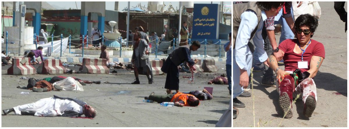 Duas explosões rasgaram uma manifestação de membros da minoria afegã hazara, majoritariamente xiita, em Cabul, matando pelo menos 80 e ferindo mais de 230 em um ataque suicida reivindicado pelo Estado Islâmico; "Dois soldados do Estado Islâmico detonaram cintos com explosivos em uma reunião de xiitas na cidade de Cabul, no Afeganistão", disse um breve comunicado da agência de notícias Amaq, que opera em território controlado pelo EI; se confirmada a autoria, o ataque representaria uma escalada do grupo, que até agora estava confinado à província de Nangarhar, no leste (Foto: Leonardo Lucena) Duas explosões rasgaram uma manifestação de membros da minoria afegã hazara, majoritariamente xiita, em Cabul, matando pelo menos 80 e ferindo mais de 230 em um ataque suicida reivindicado pelo Estado Islâmico; "Dois soldados do Estado Islâmico detonaram cintos com explosivos em uma reunião de xiitas na cidade de Cabul, no Afeganistão", disse um breve comunicado da agência de notícias Amaq, que opera em território controlado pelo EI; se confirmada a autoria, o ataque representaria uma escalada do grupo, que até agora estava confinado à província de Nangarhar, no leste