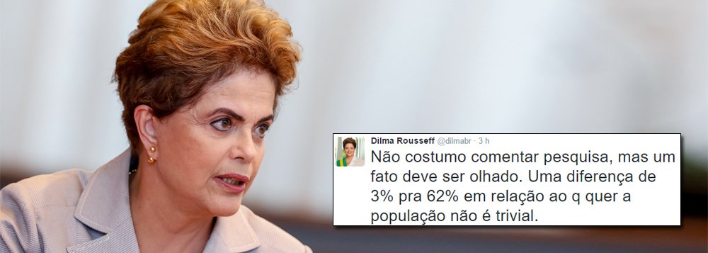 A presidente eleita Dilma Rousseff comentou nesta manhã, em entrevista à Rádio Pampa, do Rio Grande do Sul, a fraude na elaboração da pesquisa Datafolha e principalmente na divulgação dos resultados no fim de semana, que apontou que 50% da população brasileira queria a permanência de Michel Temer no poder, o que é falso; "Não costumo comentar pesquisa, mas um fato deve ser olhado. Uma diferença de 3% pra 62% em relação ao que quer a população não é trivial", disse Dilma, sobre o percentual que defende novas eleições – o primeiro foi o divulgado pelo jornal e o segundo foi o que a pesquisa efetivamente identificou nas respostas dos entrevistados; "Não é um descuido, o que é lamentável, porque todo mundo tinha em alta conta esse instituto de pesquisa", acrescentou a presidente (Foto: Gisele Federicce) A presidente eleita Dilma Rousseff comentou nesta manhã, em entrevista à Rádio Pampa, do Rio Grande do Sul, a fraude na elaboração da pesquisa Datafolha e principalmente na divulgação dos resultados no fim de semana, que apontou que 50% da população brasileira queria a permanência de Michel Temer no poder, o que é falso; "Não costumo comentar pesquisa, mas um fato deve ser olhado. Uma diferença de 3% pra 62% em relação ao que quer a população não é trivial", disse Dilma, sobre o percentual que defende novas eleições – o primeiro foi o divulgado pelo jornal e o segundo foi o que a pesquisa efetivamente identificou nas respostas dos entrevistados; "Não é um descuido, o que é lamentável, porque todo mundo tinha em alta conta esse instituto de pesquisa", acrescentou a presidente