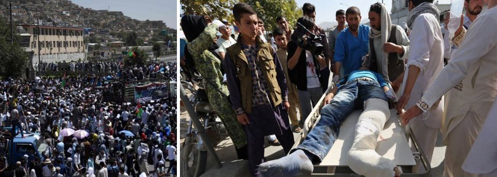 Homens-bomba atacaram uma grande manifestação de membros da minoria hazara do Afeganistão em Cabul no sábado, matando pelo menos 80 pessoas e ferindo 231, segundo as autoridades; grande parte do centro da cidade tinha sido fechada com pilhas de contêineres e outros obstáculos, conforme a marcha começava mais cedo no sábado, e a segurança havia sido reforçada com helicópteros; não houve reivindicação imediata de responsabilidade pelo ataque (Foto: Aquiles Lins) Homens-bomba atacaram uma grande manifestação de membros da minoria hazara do Afeganistão em Cabul no sábado, matando pelo menos 80 pessoas e ferindo 231, segundo as autoridades; grande parte do centro da cidade tinha sido fechada com pilhas de contêineres e outros obstáculos, conforme a marcha começava mais cedo no sábado, e a segurança havia sido reforçada com helicópteros; não houve reivindicação imediata de responsabilidade pelo ataque