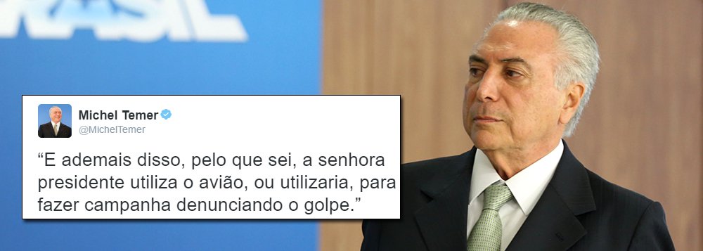 Jornalista Fernando Brito mostra que quando escreveu em seu twitter dizendo que a "a senhora presidente" iria usar o avião presidencial para sair pelo país "denunciando o golpe", o presidente interino Michel Temer "vestiu a carapuça" e assumiu o que de fato ocorreu para alçá-lo ao Palácio do Planalto; "É, Temer, a sinceridade do seu cinismo é antológica...", critica Brito; "Pena que a ministra Rosa Weber já arquivou aquela representação-bobagem em que se pediam explicações a Dilma sobre o uso da palavra 'golpe'. Agora, ela podia responder dizendo: uai, pergunta ao Temer?", ironiza (Foto: Aquiles Lins) Jornalista Fernando Brito mostra que quando escreveu em seu twitter dizendo que a "a senhora presidente" iria usar o avião presidencial para sair pelo país "denunciando o golpe", o presidente interino Michel Temer "vestiu a carapuça" e assumiu o que de fato ocorreu para alçá-lo ao Palácio do Planalto; "É, Temer, a sinceridade do seu cinismo é antológica...", critica Brito; "Pena que a ministra Rosa Weber já arquivou aquela representação-bobagem em que se pediam explicações a Dilma sobre o uso da palavra 'golpe'. Agora, ela podia responder dizendo: uai, pergunta ao Temer?", ironiza