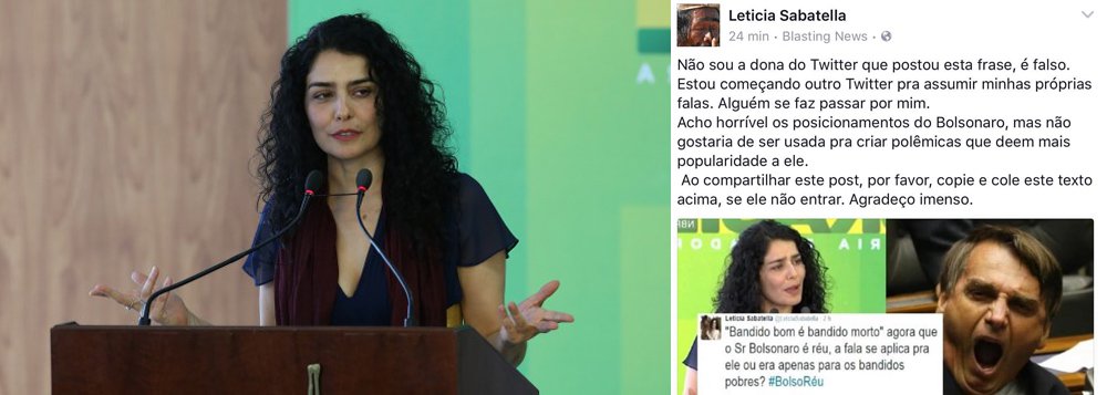 Mensagem publicada em um perfil falso no Twitter atribui à atriz a frase "bandido bom é bandido morto", em comentário à decisão do STF que tornou réu o deputado Jair Bolsonaro (PSC-RJ) por incitação ao estupro; "Twitter falso. Por favor, denunciem", rebateu Letícia; "Não compactuo com seu discurso intolerante e agressivo. Sei que a crítica a uma frase dita por ele é coerente, de certo modo, mas não partiria de mim, neste momento" (Foto: Gisele Federicce) Mensagem publicada em um perfil falso no Twitter atribui à atriz a frase "bandido bom é bandido morto", em comentário à decisão do STF que tornou réu o deputado Jair Bolsonaro (PSC-RJ) por incitação ao estupro; "Twitter falso. Por favor, denunciem", rebateu Letícia; "Não compactuo com seu discurso intolerante e agressivo. Sei que a crítica a uma frase dita por ele é coerente, de certo modo, mas não partiria de mim, neste momento"