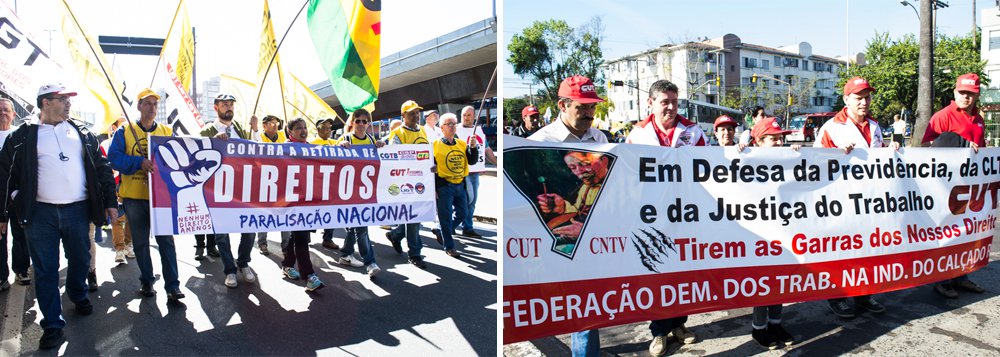 As oito centrais sindicais que representam a quase totalidade dos movimentos sindicais brasileiros, com o apoio de diversos organizações sociais, realizaram mobilizações em diferentes pontos de Porto Alegre para marcar o Dia Nacional da Paralisações; Guiomar Vidor, presidente estadual da CTB, diz que "em pleno século XXI, estamos vendo o governo trazendo de volta uma agenda da metade do século passado"; "Debates como jornada de trabalho de 60 horas semanais, 12 horas diárias, a flexibilização dos direitos trabalhistas que foram uma conquistas de 1943, através da Consolidação das Leis do Trabalho. Tudo isso está sendo ameaçado" (Foto: Leonardo Lucena) As oito centrais sindicais que representam a quase totalidade dos movimentos sindicais brasileiros, com o apoio de diversos organizações sociais, realizaram mobilizações em diferentes pontos de Porto Alegre para marcar o Dia Nacional da Paralisações; Guiomar Vidor, presidente estadual da CTB, diz que "em pleno século XXI, estamos vendo o governo trazendo de volta uma agenda da metade do século passado"; "Debates como jornada de trabalho de 60 horas semanais, 12 horas diárias, a flexibilização dos direitos trabalhistas que foram uma conquistas de 1943, através da Consolidação das Leis do Trabalho. Tudo isso está sendo ameaçado"