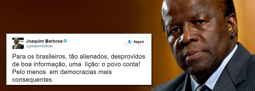 Ex-presidente do Supremo Tribunal Federal (STF) Joaquim Barbosa culpou o ex-primeiro-ministro britânico David Cameron pela decisão do referendo pela saída do Reino Unido da União Europeia e diz que o Brexit pode ensinar algo ao Brasil neste momento de crise política; "Para os brasileiros, tão alienados, desprovidos de boa informação, uma lição: o povo conta! Pelo menos em democracias mais consequentes", disse Barbosa em sua página no Twitter (Foto: Aquiles Lins) Ex-presidente do Supremo Tribunal Federal (STF) Joaquim Barbosa culpou o ex-primeiro-ministro britânico David Cameron pela decisão do referendo pela saída do Reino Unido da União Europeia e diz que o Brexit pode ensinar algo ao Brasil neste momento de crise política; "Para os brasileiros, tão alienados, desprovidos de boa informação, uma lição: o povo conta! Pelo menos em democracias mais consequentes", disse Barbosa em sua página no Twitter