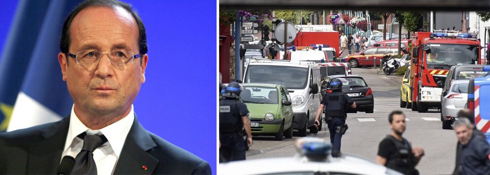 Presidente da França, François Hollande, disse nesta terça-feira que os dois agressores que mataram um padre em uma igreja da Normandia, no norte da França, eram terroristas que haviam declarado aliança ao Estado Islâmico; "O Estado Islâmico declarou guerra contra nós, precisamos lutar esta guerra de todas as maneiras, enquanto respeitamos o estado de direito, que nos torna uma democracia", completou (Foto: Paulo Emílio) Presidente da França, François Hollande, disse nesta terça-feira que os dois agressores que mataram um padre em uma igreja da Normandia, no norte da França, eram terroristas que haviam declarado aliança ao Estado Islâmico; "O Estado Islâmico declarou guerra contra nós, precisamos lutar esta guerra de todas as maneiras, enquanto respeitamos o estado de direito, que nos torna uma democracia", completou