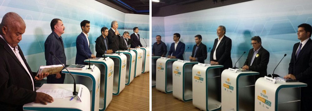 O primeiro debate da campanha eleitoral deste ano, em Maceió, promovido pela TV Mar, canal fechado da Organização Arnon de Mello (OAM), reuniu os sete candidatos à Prefeitura de Maceió; participaram os candidatos Cícero Almeida (PMDB), Fernando do Village (PMN), Gustavo Pessoa (PSOL), JHC (PSB), Paulão (PT), Paulo Memória (PTC) e Rui Palmeira (PSDB); debate foi dividido em quatro blocos (Foto: Voney Malta) O primeiro debate da campanha eleitoral deste ano, em Maceió, promovido pela TV Mar, canal fechado da Organização Arnon de Mello (OAM), reuniu os sete candidatos à Prefeitura de Maceió; participaram os candidatos Cícero Almeida (PMDB), Fernando do Village (PMN), Gustavo Pessoa (PSOL), JHC (PSB), Paulão (PT), Paulo Memória (PTC) e Rui Palmeira (PSDB); debate foi dividido em quatro blocos