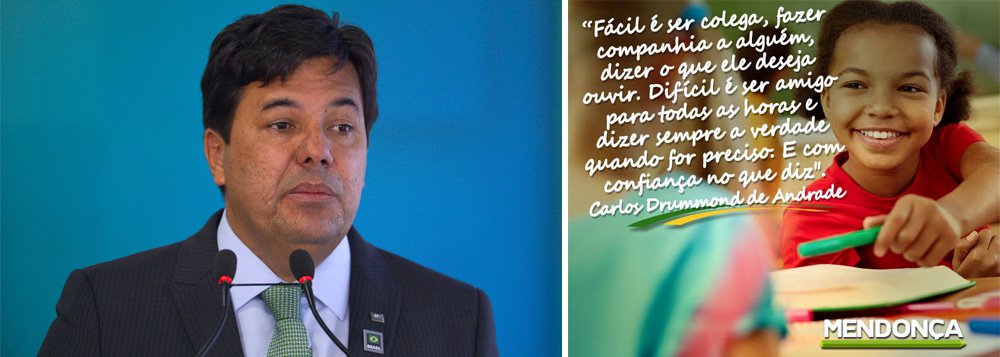 "Fácil é ser colega, fazer companhia a alguém, dizer o que ele deseja ouvir. Difícil é ser amigo para todas as horas e dizer sempre a verdade quando for preciso. E com confiança no que diz", disse Mendonça Filho creditando a frase ao escritor Carlos Drummond de Andrade, em homenagem ao dia do Amigo; segundo o colunista Lauro Jardim, entretanto, Drummond nunca escreveu tal trecho; "Especialistas em Drummond foram consultados e afirmaram desconhecer o trecho. Lucia Riff, que representa a obra do escritor, afirma que a frase não é de Drummond" (Foto: Aquiles Lins) "Fácil é ser colega, fazer companhia a alguém, dizer o que ele deseja ouvir. Difícil é ser amigo para todas as horas e dizer sempre a verdade quando for preciso. E com confiança no que diz", disse Mendonça Filho creditando a frase ao escritor Carlos Drummond de Andrade, em homenagem ao dia do Amigo; segundo o colunista Lauro Jardim, entretanto, Drummond nunca escreveu tal trecho; "Especialistas em Drummond foram consultados e afirmaram desconhecer o trecho. Lucia Riff, que representa a obra do escritor, afirma que a frase não é de Drummond"