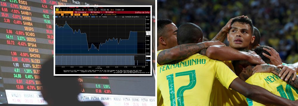 Enquanto a seleção brasileira jogava na tarde de ontem, especuladores faziam a festa na Bolsa de Valores e aprofundavam a crise cambial. O Ibovespa desabou durante o jogo sem que houvesse grande liquidez no pregão, numa ação típica de especuladores; ao mesmo tempo, o dólar fechou o dia em alta de 2,07%; pela manhã, o BC havia torrado mais US$ 2,4 bi em dois leilões, mas a moeda americana subiu forte durante o jogo (Foto: Mauro Lopes) Enquanto a seleção brasileira jogava na tarde de ontem, especuladores faziam a festa na Bolsa de Valores e aprofundavam a crise cambial. O Ibovespa desabou durante o jogo sem que houvesse grande liquidez no pregão, numa ação típica de especuladores; ao mesmo tempo, o dólar fechou o dia em alta de 2,07%; pela manhã, o BC havia torrado mais US$ 2,4 bi em dois leilões, mas a moeda americana subiu forte durante o jogo