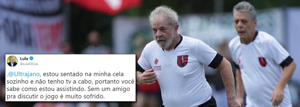 O ex-presidente Lula não esconde sua paixão pela seleção brasileira de futebol e lamenta ser obrigado a ver o jogo sozinho na Superintendência da Polícia Federal do Paraná, onde cumpre sua pena; Lula se queixa ainda de não poder ver o jogo pela TV a cabo, o que o obriga a assistir a TV Globo e sua conhecida transmissão ufanista e ‘patrioteira’: ‘estou sentado na minha cela sozinho e não tenho tv a cabo, portanto você sabe como estou assistindo; sem um amigo pra discutir o jogo é muito sofrido’, disse o ex-presidente (Foto: Gustavo Conde) O ex-presidente Lula não esconde sua paixão pela seleção brasileira de futebol e lamenta ser obrigado a ver o jogo sozinho na Superintendência da Polícia Federal do Paraná, onde cumpre sua pena; Lula se queixa ainda de não poder ver o jogo pela TV a cabo, o que o obriga a assistir a TV Globo e sua conhecida transmissão ufanista e ‘patrioteira’: ‘estou sentado na minha cela sozinho e não tenho tv a cabo, portanto você sabe como estou assistindo; sem um amigo pra discutir o jogo é muito sofrido’, disse o ex-presidente