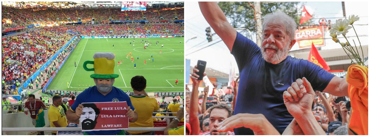 Um torcedor pediu a liberdade do ex-presidente Luiz Inácio Lula da Silva em um estádio da Rússia, onde acontece a Copa do Mundo; Não é a primeira vez que Lula recebe solidariedade em nível internacional. Neste mês, também no país europeu, um torcedor estendeu uma bandeira pedindo a liberdade do ex-presidente (Foto: Leonardo Lucena) Um torcedor pediu a liberdade do ex-presidente Luiz Inácio Lula da Silva em um estádio da Rússia, onde acontece a Copa do Mundo; Não é a primeira vez que Lula recebe solidariedade em nível internacional. Neste mês, também no país europeu, um torcedor estendeu uma bandeira pedindo a liberdade do ex-presidente