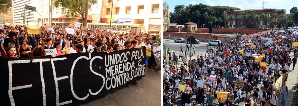 Centenas de estudantes de escolas técnicas do estado de São Paulo fazem uma manifestação contra a falta de merenda; os participantes da mobilização protestam contra corte de 78% no investimento de novas Etecs, a falta de reajuste dos professores e o fato de o número de estudantes de ensino médio nas Etecs ter aumentado sem que o abastecimento de merenda seja proporcional (Foto: Leonardo Lucena) Centenas de estudantes de escolas técnicas do estado de São Paulo fazem uma manifestação contra a falta de merenda; os participantes da mobilização protestam contra corte de 78% no investimento de novas Etecs, a falta de reajuste dos professores e o fato de o número de estudantes de ensino médio nas Etecs ter aumentado sem que o abastecimento de merenda seja proporcional