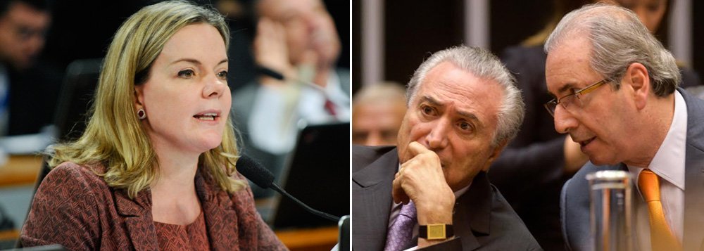 A senadora Gleisi Hoffmann (PT-PR) gravou um vídeo citando o vice-presidente Michel Temer (PMDB), que, em aúdio, falou como se o impeachment já tivesse sido aprovado pela Câmara; "Vamos ter atenção para o que disse o vice-presidente da República. Ele falou sobre tudo, mas não falou do combate à corrupção. O que fará ele? Colocará tudo para debaixo do tapete? Não vamos nos esquecer que ficará como seu vice-presidente o presidente da Câmara, Eduardo Cunha”, disse Gleisi; segundo ela, os veículos de comunicação estão atribuindo informações — “sempre em off” — a ministros visando desestabilizar a tropa contra o golpe (Foto: Leonardo Lucena) A senadora Gleisi Hoffmann (PT-PR) gravou um vídeo citando o vice-presidente Michel Temer (PMDB), que, em aúdio, falou como se o impeachment já tivesse sido aprovado pela Câmara; "Vamos ter atenção para o que disse o vice-presidente da República. Ele falou sobre tudo, mas não falou do combate à corrupção. O que fará ele? Colocará tudo para debaixo do tapete? Não vamos nos esquecer que ficará como seu vice-presidente o presidente da Câmara, Eduardo Cunha”, disse Gleisi; segundo ela, os veículos de comunicação estão atribuindo informações — “sempre em off” — a ministros visando desestabilizar a tropa contra o golpe