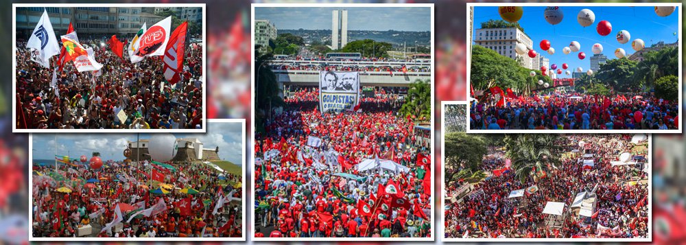 Em Brasília, 200 mil pessoas em defesa da democracia ocupam a Esplanada dos Ministérios, segundo estimativa dos Jornalistas Livres; no Rio de Janeiro, habitantes das comunidades desceram para um dos maiores bailes funk da história de Copacabana; em Salvador, a manifestação foi no Farol da Barra; em São Paulo, no Vale do Anhangabaú, com apoio de movimentos sociais, como a Central Única dos Trabalhadores (CUT), o Movimento dos Trabalhadores Sem Teto (MTST) e a Central de Movimentos Populares (CMP) (Foto: Leonardo Attuch) Em Brasília, 200 mil pessoas em defesa da democracia ocupam a Esplanada dos Ministérios, segundo estimativa dos Jornalistas Livres; no Rio de Janeiro, habitantes das comunidades desceram para um dos maiores bailes funk da história de Copacabana; em Salvador, a manifestação foi no Farol da Barra; em São Paulo, no Vale do Anhangabaú, com apoio de movimentos sociais, como a Central Única dos Trabalhadores (CUT), o Movimento dos Trabalhadores Sem Teto (MTST) e a Central de Movimentos Populares (CMP)