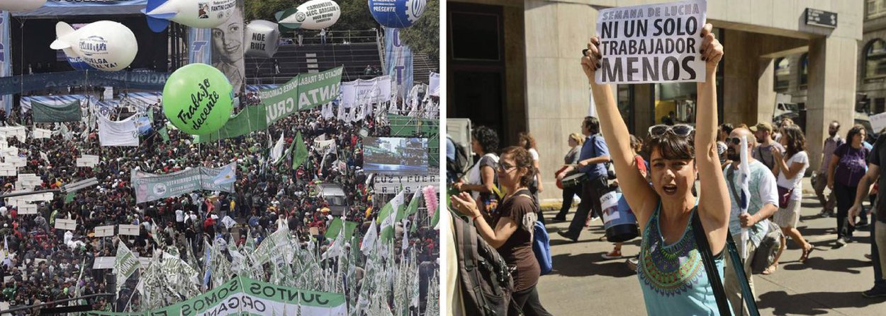 Centrais sindicais argentinas se uniram nesta sexta-feira (29) em Buenos Aires para protestar contra as políticas do governo de Mauricio Macri e pedir soluções para a crise que afeta os trabalhadores do país; cerca de 350 mil pessoas participaram do protesto, segundo os organizadores; o ato marcou o primeiro protesto sindical unificado no governo Macri das cinco centrais peronistas historicamente divididas: as três CGTs (Confederação Geral do Trabalho da Argentina - Alsina, Azopardo, e Azul e Branca), e duas CTAs (Central de Trabalhadores da Argentina - Autônoma e dos Argentinos)
(Foto: Valter Lima) Centrais sindicais argentinas se uniram nesta sexta-feira (29) em Buenos Aires para protestar contra as políticas do governo de Mauricio Macri e pedir soluções para a crise que afeta os trabalhadores do país; cerca de 350 mil pessoas participaram do protesto, segundo os organizadores; o ato marcou o primeiro protesto sindical unificado no governo Macri das cinco centrais peronistas historicamente divididas: as três CGTs (Confederação Geral do Trabalho da Argentina - Alsina, Azopardo, e Azul e Branca), e duas CTAs (Central de Trabalhadores da Argentina - Autônoma e dos Argentinos)