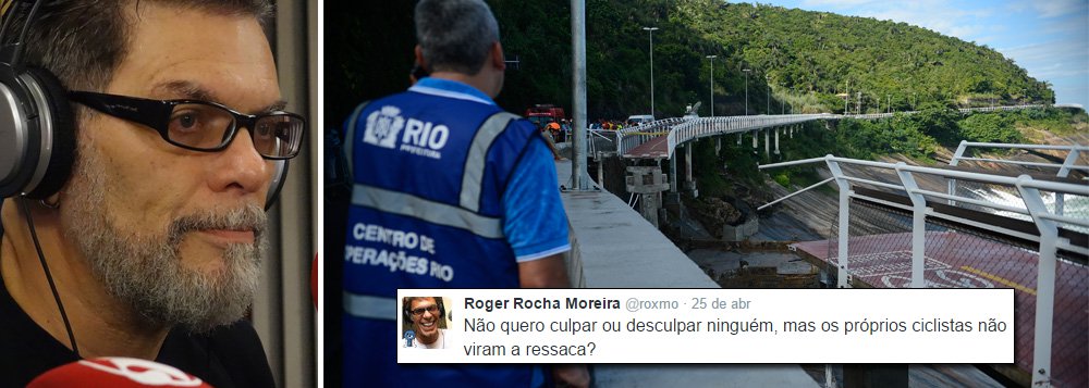 Músico Roger Moreira publicou no Twitter um questionamento sobre a queda de uma parte da Ciclovia Tima Maia, na zona sul do Rio, que desencadeou uma série de críticas; “Não quero culpar ou desculpar ninguém, mas os próprios ciclistas não viram a ressaca?”; em seguida, a frase “não quero culpar ou desculpar ninguém” foi utilizada como base para diversos comentários ironizando a declaração do músico; frases como “Não quero culpar ou desculpar ninguém, mas os iraquianos mortos na guerra do Iraque já não sabiam que ia ter guerra lá?” , “não quero culpar ou desculpar ninguém, mas os negros não perceberam que iriam ser escravizados?” são alguns exemplos (Foto: Leonardo Lucena) Músico Roger Moreira publicou no Twitter um questionamento sobre a queda de uma parte da Ciclovia Tima Maia, na zona sul do Rio, que desencadeou uma série de críticas; “Não quero culpar ou desculpar ninguém, mas os próprios ciclistas não viram a ressaca?”; em seguida, a frase “não quero culpar ou desculpar ninguém” foi utilizada como base para diversos comentários ironizando a declaração do músico; frases como “Não quero culpar ou desculpar ninguém, mas os iraquianos mortos na guerra do Iraque já não sabiam que ia ter guerra lá?” , “não quero culpar ou desculpar ninguém, mas os negros não perceberam que iriam ser escravizados?” são alguns exemplos