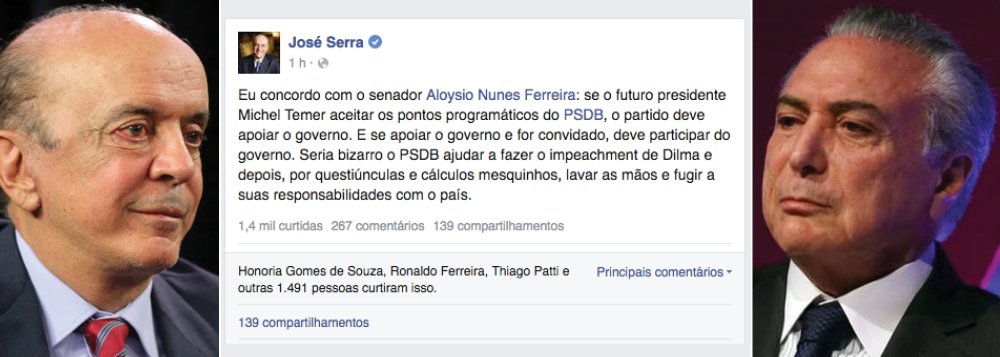 Senador tucano José Serra (PSDB-SP), cotado para assumir um ministério em um eventual governo Michel Temer, disse que o PSDB deve aceitar participação no governo caso o peemedebista venha a assumir a Presidência da República e aceite "pontos programáticos" do PSDB; "Seria bizarro o PSDB ajudar a fazer o impeachment de Dilma e depois, por questiúnculas e cálculos mesquinhos, lavar as mãos e fugir a suas responsabilidades com o país", postou em sua página no Facebook; de olho nas eleições presidenciais de 2018, parte da cúpula do PSDB defende que o partido não participe diretamente do governo Temer e que os que quiserem aceitar algum cargo se licenciem da legenda (Foto: Paulo Emílio) Senador tucano José Serra (PSDB-SP), cotado para assumir um ministério em um eventual governo Michel Temer, disse que o PSDB deve aceitar participação no governo caso o peemedebista venha a assumir a Presidência da República e aceite "pontos programáticos" do PSDB; "Seria bizarro o PSDB ajudar a fazer o impeachment de Dilma e depois, por questiúnculas e cálculos mesquinhos, lavar as mãos e fugir a suas responsabilidades com o país", postou em sua página no Facebook; de olho nas eleições presidenciais de 2018, parte da cúpula do PSDB defende que o partido não participe diretamente do governo Temer e que os que quiserem aceitar algum cargo se licenciem da legenda