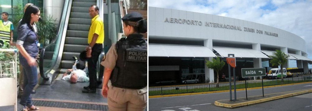 Um idoso de aproximadamente 70 anos caiu da escada rolante do Aeroporto Internacional Zumbi dos Palmares, em Maceió, na manhã desta quarta-feira (27); ele não teve como ser atendido por falta de uma equipe médica de socorro; socorro somente foi feito cerca de 20 minutos após o acidente por uma guarnição do Corpo de Bombeiros; passageiros criticaram a situação (Foto: Voney Malta) Um idoso de aproximadamente 70 anos caiu da escada rolante do Aeroporto Internacional Zumbi dos Palmares, em Maceió, na manhã desta quarta-feira (27); ele não teve como ser atendido por falta de uma equipe médica de socorro; socorro somente foi feito cerca de 20 minutos após o acidente por uma guarnição do Corpo de Bombeiros; passageiros criticaram a situação