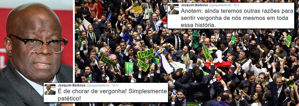 Ex-presidente do Supremo Tribunal Federal (STF), Joaquim Barbosa criticou duramente a sessão da Câmara dos Deputados que aprovou a abertura do processo de impeachment da presidente Dilma Rousseff, realizada neste domingo (17); para ele, os argumentos e justificativas utilizados pelos parlamentares na votação são "de chorar de vergonha! Simplesmente patético!"; ainda sobre o impeachment, ele destacou no Twitter que "ainda teremos outras razões para sentir vergonha de nós mesmos em toda essa história" (Foto: Ana Pupulin) Ex-presidente do Supremo Tribunal Federal (STF), Joaquim Barbosa criticou duramente a sessão da Câmara dos Deputados que aprovou a abertura do processo de impeachment da presidente Dilma Rousseff, realizada neste domingo (17); para ele, os argumentos e justificativas utilizados pelos parlamentares na votação são "de chorar de vergonha! Simplesmente patético!"; ainda sobre o impeachment, ele destacou no Twitter que "ainda teremos outras razões para sentir vergonha de nós mesmos em toda essa história"