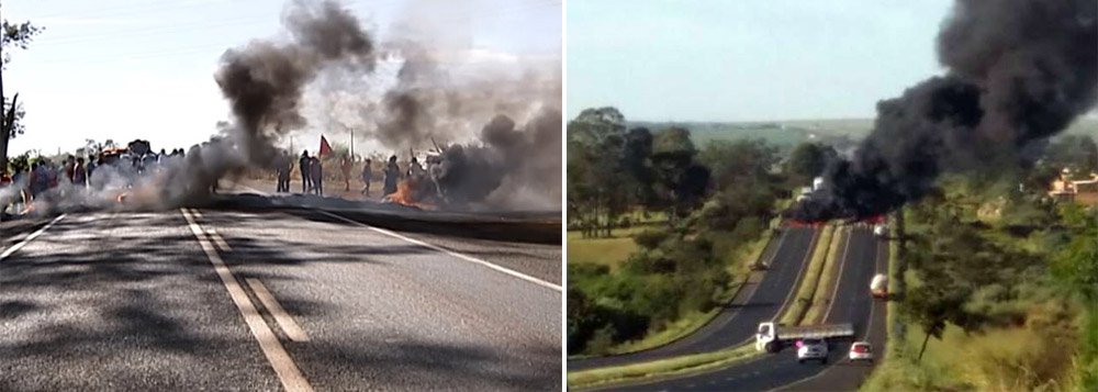 Integrantes do Movimento Sem Terra (MST) fecharam rodovias em Minas Gerais em protesto contra o impeachment da presidente Dilma; manifestantes atearam fogo vários objetos e interromperam por duas horas a passagem de veículos na BR-050, no Triângulo Mineiro; de acordo com a Polícia Rodoviária Federal (PRF), era possível ver de longe a fumaça preta provocada pela queimada (Foto: Leonardo Lucena) Integrantes do Movimento Sem Terra (MST) fecharam rodovias em Minas Gerais em protesto contra o impeachment da presidente Dilma; manifestantes atearam fogo vários objetos e interromperam por duas horas a passagem de veículos na BR-050, no Triângulo Mineiro; de acordo com a Polícia Rodoviária Federal (PRF), era possível ver de longe a fumaça preta provocada pela queimada