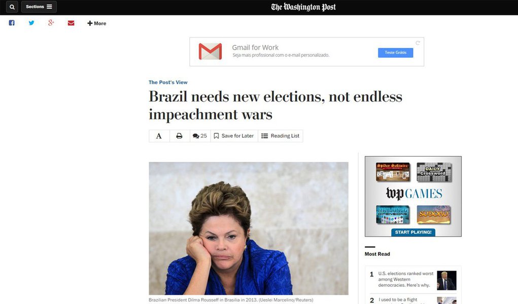 De acordo com o jornal americano, é provável que o resultado final do impeachment seja uma continuação da crítica situação econômica que o país se encontra; para o Post, a melhor saída para o Brasil seriam novas eleições; "Se isto não acontecer, a maior potência da América Latina pode ser condenado a passar os próximos anos em recessão e conflitos internos", diz (Foto: Roberta Namour) De acordo com o jornal americano, é provável que o resultado final do impeachment seja uma continuação da crítica situação econômica que o país se encontra; para o Post, a melhor saída para o Brasil seriam novas eleições; "Se isto não acontecer, a maior potência da América Latina pode ser condenado a passar os próximos anos em recessão e conflitos internos", diz