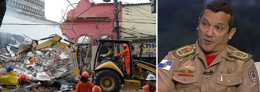 O Comandante do Corpo de Bombeiros do Estado do Rio, coronel Ronaldo Alcântara, disse que não há mais reclamações de parentes ou conhecidos sobre possíveis desaparecidos nos escombros do prédio que desabou em São Cristóvão, na zona norte do Rio de Janeiro, após uma forte explosão; "Mas o protocolo a ser seguido é que a gente sempre leve em consideração a presença de outras pessoas e, por isso, vamos continuar o trabalho de resgate", informou; sete pessoas ficaram feridas e foram levadas para o Hospital Souza Aguiar (Foto: Leonardo Lucena) O Comandante do Corpo de Bombeiros do Estado do Rio, coronel Ronaldo Alcântara, disse que não há mais reclamações de parentes ou conhecidos sobre possíveis desaparecidos nos escombros do prédio que desabou em São Cristóvão, na zona norte do Rio de Janeiro, após uma forte explosão; "Mas o protocolo a ser seguido é que a gente sempre leve em consideração a presença de outras pessoas e, por isso, vamos continuar o trabalho de resgate", informou; sete pessoas ficaram feridas e foram levadas para o Hospital Souza Aguiar