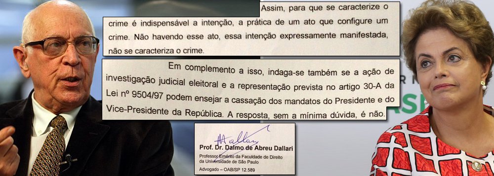 Parecer elaborado por Dalmo de Abreu Dallari, um dos maiores juristas do País, sustenta que o Tribunal Superior Eleitoral não tem competência para decidir sobre uma eventual cassação do mandato da presidente Dilma Rousseff, conforme previsto na Constituição; investigação foi aberta ontem pelo TSE, atendendo a uma ação apresentada pelo PSDB; o jurista também discorre sobre o fato de um presidente da República não poder ser responsabilizado por fato cometido no mandato anterior e ressalta ainda que é preciso configurar um ato concreto contra o chefe do Executivo para enquadramento em crime de responsabilidade; segundo ele, eventuais omissões, portanto, não são suficientes para dar sustentação à abertura de um processo de impeachment; confira a íntegra do documento (Foto: Gisele Federicce) www.brasil247.com - Parecer elaborado por Dalmo de Abreu Dallari, um dos maiores juristas do País, sustenta que o Tribunal Superior Eleitoral não tem competência para decidir sobre uma eventual cassação do mandato da presidente Dilma Rousseff, conforme previsto na Constituição; investigação foi aberta ontem pelo TSE, atendendo a uma ação apresentada pelo PSDB; o jurista também discorre sobre o fato de um presidente da República não poder ser responsabilizado por fato cometido no mandato anterior e ressalta ainda que é preciso configurar um ato concreto contra o chefe do Executivo para enquadramento em crime de responsabilidade; segundo ele, eventuais omissões, portanto, não são suficientes para dar sustentação à abertura de um processo de impeachment; confira a íntegra do documento
