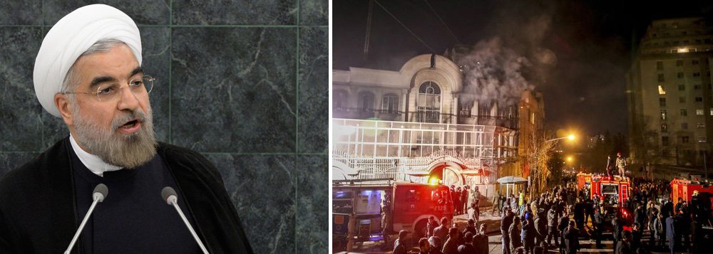 Presidente Hassan Rouhani culpou "indivíduos extremistas" pelos ataques na embaixada saudita em Teerã e no consulado na cidade de Mashhad em resposta à execução na Arábia Saudita do alto clérigo xiita Nimr al-Nimr; ele também condenou a Arábia Saudita pela execução de Nimr, chamando-a de violação dos "direitos humanos e aos valores islâmicos" (Foto: Leonardo Attuch) Presidente Hassan Rouhani culpou "indivíduos extremistas" pelos ataques na embaixada saudita em Teerã e no consulado na cidade de Mashhad em resposta à execução na Arábia Saudita do alto clérigo xiita Nimr al-Nimr; ele também condenou a Arábia Saudita pela execução de Nimr, chamando-a de violação dos "direitos humanos e aos valores islâmicos"