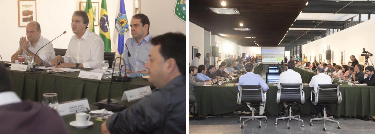 Na reunião, realizada na manhã desta segunda (19), no Palácio da Abolição, Camilo Santana (PT) e o prefeito Roberto Claudio (PDT) apresentaram aos vereadores de Fortaleza as ações que o Governo vem realizando em parceria com a Prefeitura. Entre elas estão as construções dos novos postos e centros de saúde, reforma dos hospitais, reestruturação do Ronda, Acquário, Hub da Tam e a requalificação do Centro. (Foto: Rodrigo Rocha) Na reunião, realizada na manhã desta segunda (19), no Palácio da Abolição, Camilo Santana (PT) e o prefeito Roberto Claudio (PDT) apresentaram aos vereadores de Fortaleza as ações que o Governo vem realizando em parceria com a Prefeitura. Entre elas estão as construções dos novos postos e centros de saúde, reforma dos hospitais, reestruturação do Ronda, Acquário, Hub da Tam e a requalificação do Centro.