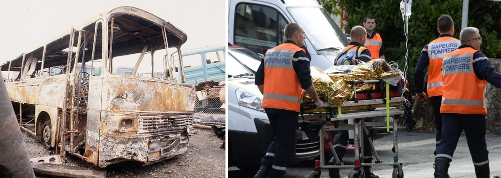 Um ônibus e um caminhão bateram de frente e pegaram fogo próximo a Bordeaux nesta sexta-feira, de acordo com autoridades, no pior acidente rodoviário na França em décadas; outras cinco pessoas ficaram feridas na colisão, que aconteceu na região de Gironde; o presidente da França, François Hollande, falando em visita a Atenas, disse que foi "mergulhado em tristeza pela tragédia" (Foto: Roberta Namour) Um ônibus e um caminhão bateram de frente e pegaram fogo próximo a Bordeaux nesta sexta-feira, de acordo com autoridades, no pior acidente rodoviário na França em décadas; outras cinco pessoas ficaram feridas na colisão, que aconteceu na região de Gironde; o presidente da França, François Hollande, falando em visita a Atenas, disse que foi "mergulhado em tristeza pela tragédia"