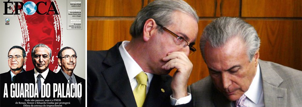 Em julho deste ano, a revista da Globo colocou o vice Michel Temer e o deputado Eduardo Cunha (PMDB-RJ) na linha de frente da chamada "guarda do palácio"; pouco tempo depois, Cunha acolheu um pedido de impeachment e Temer, com sua carta com um pote até aqui de mágoas, se lançou como alternativa de poder (Foto: Leonardo Attuch) Em julho deste ano, a revista da Globo colocou o vice Michel Temer e o deputado Eduardo Cunha (PMDB-RJ) na linha de frente da chamada "guarda do palácio"; pouco tempo depois, Cunha acolheu um pedido de impeachment e Temer, com sua carta com um pote até aqui de mágoas, se lançou como alternativa de poder