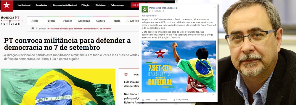 Após convocar a militância a sair às ruas no dia Dia da Independência "de verde e amarelo em defesa da democracia, de Dilma, Lula e contra o golpe", o partido voltou atrás: "Resolvemos mudar para não parecer que estamos querendo confusão", afirmou o vice-presidente do PT, Alberto Cantalice; em 1992, uma convocação semelhante feita pelo governo Collor resultou no movimento dos caras-pintadas (Foto: Roberta Namour) www.brasil247.com - Após convocar a militância a sair às ruas no dia Dia da Independência "de verde e amarelo em defesa da democracia, de Dilma, Lula e contra o golpe", o partido voltou atrás: "Resolvemos mudar para não parecer que estamos querendo confusão", afirmou o vice-presidente do PT, Alberto Cantalice; em 1992, uma convocação semelhante feita pelo governo Collor resultou no movimento dos caras-pintadas
