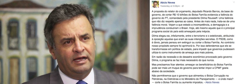 Senador criticou, pelas redes sociais, a proposta de corte de R$ 10 bilhões dos recursos do programa Bolsa Família; segundo ele, a proposta "evidencia a falência do governo do PT, comandado pela presidente Dilma Rousseff. Uma falência que não diz respeito apenas ao caixa. Antes de mais nada, trata-se de uma falência moral"; o presidente do PSDB também disse que a oposição votará contra o corte; "Não permitiremos que o governo que alimentou o Bolsa Corrupção na Petrobras, na Eletrobras e no Ministério do Planejamento — e onde mais? — corte o Bolsa Família ou aumente impostos", destacou Aécio Neves (Foto: Paulo Emílio) Senador criticou, pelas redes sociais, a proposta de corte de R$ 10 bilhões dos recursos do programa Bolsa Família; segundo ele, a proposta "evidencia a falência do governo do PT, comandado pela presidente Dilma Rousseff. Uma falência que não diz respeito apenas ao caixa. Antes de mais nada, trata-se de uma falência moral"; o presidente do PSDB também disse que a oposição votará contra o corte; "Não permitiremos que o governo que alimentou o Bolsa Corrupção na Petrobras, na Eletrobras e no Ministério do Planejamento — e onde mais? — corte o Bolsa Família ou aumente impostos", destacou Aécio Neves