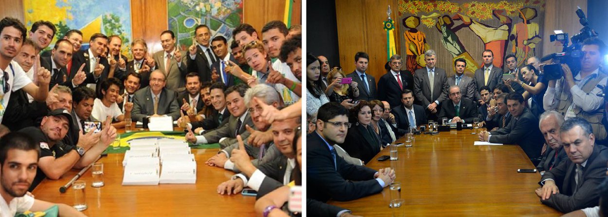 Frase é do jornalista Fernando Brito, que compara a foto do ato que registrou a entrega do primeiro pedido de impeachment por movimentos anti-Dilma, em maio deste ano, com a tirada ontem durante a entrega, pela oposição, do segundo documento assinado pelos juristas Hélio Bicudo e Reale Jr.; "Não é preciso descrever o que elas transmitem e a mudança de clima que registram", diz Brito, num post intitulado "A vergonha na cara dos sem-vergonha" (Foto: Gisele Federicce) Frase é do jornalista Fernando Brito, que compara a foto do ato que registrou a entrega do primeiro pedido de impeachment por movimentos anti-Dilma, em maio deste ano, com a tirada ontem durante a entrega, pela oposição, do segundo documento assinado pelos juristas Hélio Bicudo e Reale Jr.; "Não é preciso descrever o que elas transmitem e a mudança de clima que registram", diz Brito, num post intitulado "A vergonha na cara dos sem-vergonha"