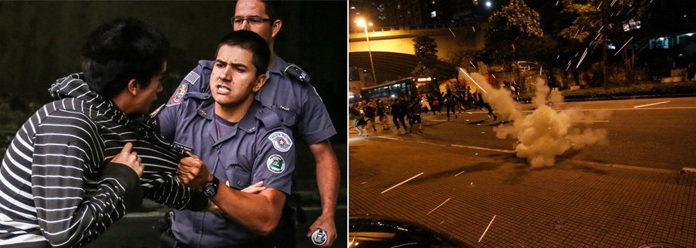 Polícia Militar usou bombas de efeito moral e spray de pimenta para dispersar uma manifestação de estudantes contra a reorganização da rede estadual de São Paulo, que deve fechar 93 unidades de ensino, na noite desta terça-feira, 1º, na Avenida 9 de Julho, região central da capital; a Tropa de Choque avançou em direção ao protesto e pelo menos quatro pessoas foram detidas (Foto: Roberta Namour) www.brasil247.com - Polícia Militar usou bombas de efeito moral e spray de pimenta para dispersar uma manifestação de estudantes contra a reorganização da rede estadual de São Paulo, que deve fechar 93 unidades de ensino, na noite desta terça-feira, 1º, na Avenida 9 de Julho, região central da capital; a Tropa de Choque avançou em direção ao protesto e pelo menos quatro pessoas foram detidas