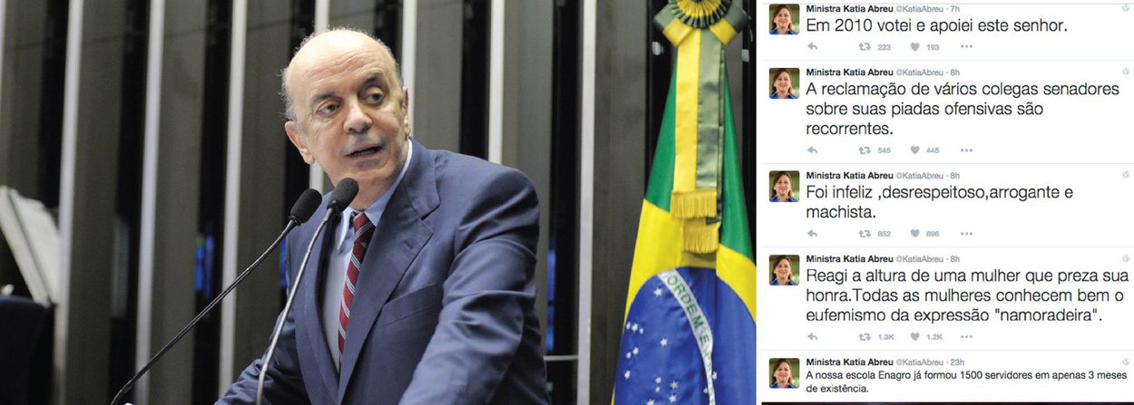Após a ministra da Agricultura, Kátia Abreu (PMDB), escrever no Twitter nesta quinta (10) que reagiu "à altura" a um comentário sexista do senador José Serra (PSDB-SP) da qual foi alvo, o tucano disse, por meio de sua assessoria, que pediu desculpas à peemedebista por uma brincadeira "elogiosa" que foi "mal recebida" por ela; ele a chamou de "namoradeira", que reagiu jogando vinho no senador; segundo ela, o ato de Serra foi "infeliz, desrespeitoso, arrogante e machista"; "Fiz uma brincadeira elogiosa num clima de descontração, mas foi mal recebida. Pedi desculpas", respondeu ele (Foto: Valter Lima) Após a ministra da Agricultura, Kátia Abreu (PMDB), escrever no Twitter nesta quinta (10) que reagiu "à altura" a um comentário sexista do senador José Serra (PSDB-SP) da qual foi alvo, o tucano disse, por meio de sua assessoria, que pediu desculpas à peemedebista por uma brincadeira "elogiosa" que foi "mal recebida" por ela; ele a chamou de "namoradeira", que reagiu jogando vinho no senador; segundo ela, o ato de Serra foi "infeliz, desrespeitoso, arrogante e machista"; "Fiz uma brincadeira elogiosa num clima de descontração, mas foi mal recebida. Pedi desculpas", respondeu ele