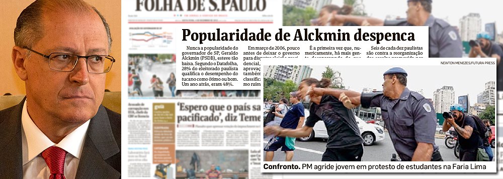 Se havia um projeto presidencial 'Alckmin 2018', ele acabou na tarde desta quinta-feira, quando um policial militar de São Paulo agrediu, com o punho cerrado, um estudante secundarista, como se pretendesse levar a nocaute o jovem que protestava pelo direito de ter uma educação pública de qualidade; se o paranaense Beto Richa era o governador tucano que batia em professores, Alckmin conseguiu ir além: é o governador que bate em alunos; não por acaso, a Folha de S. Paulo desta sexta-feira indica que sua aprovação despencou vinte pontos e é mais baixa da história; nem o recuo na 'reorganização educacional', nem um improvável pedido de desculpas poderão transformar Alckmin num candidato viável (Foto: Leonardo Attuch) Se havia um projeto presidencial 'Alckmin 2018', ele acabou na tarde desta quinta-feira, quando um policial militar de São Paulo agrediu, com o punho cerrado, um estudante secundarista, como se pretendesse levar a nocaute o jovem que protestava pelo direito de ter uma educação pública de qualidade; se o paranaense Beto Richa era o governador tucano que batia em professores, Alckmin conseguiu ir além: é o governador que bate em alunos; não por acaso, a Folha de S. Paulo desta sexta-feira indica que sua aprovação despencou vinte pontos e é mais baixa da história; nem o recuo na 'reorganização educacional', nem um improvável pedido de desculpas poderão transformar Alckmin num candidato viável