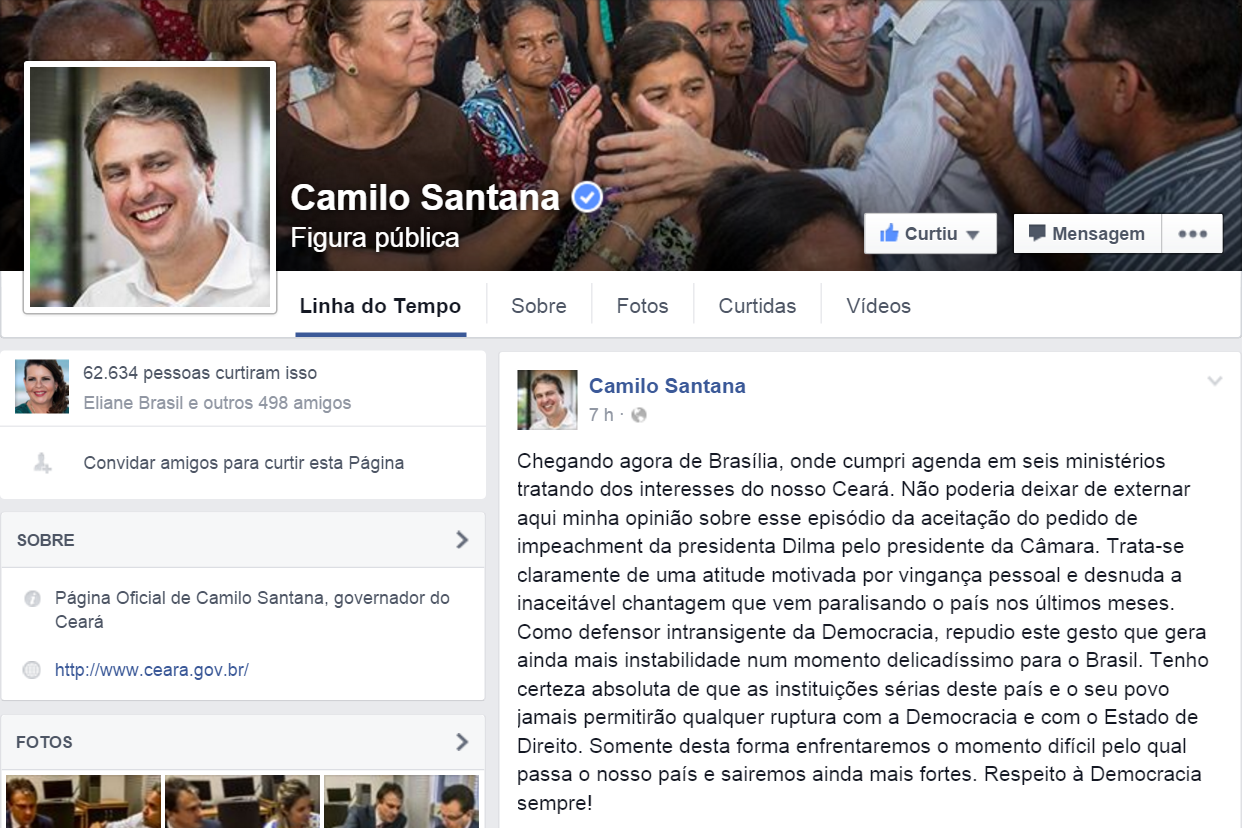 Para o governador do Ceará, Camilo Santana (PT), a atitude de Eduardo Cunha (PMDB-RJ) é claramente motivada por vingança pessoal. O governador disse ainda acreditar que "as instituições sérias deste país e o seu povo jamais permitirão qualquer ruptura com a Democracia e com o Estado de Direito". O governador publicou seu repúdio nas redes sociais, logo após chegar de Brasília, onde tratou da liberação de recursos do Governo Federal para o Ceará (Foto: Fatima 247) Para o governador do Ceará, Camilo Santana (PT), a atitude de Eduardo Cunha (PMDB-RJ) é claramente motivada por vingança pessoal. O governador disse ainda acreditar que "as instituições sérias deste país e o seu povo jamais permitirão qualquer ruptura com a Democracia e com o Estado de Direito". O governador publicou seu repúdio nas redes sociais, logo após chegar de Brasília, onde tratou da liberação de recursos do Governo Federal para o Ceará