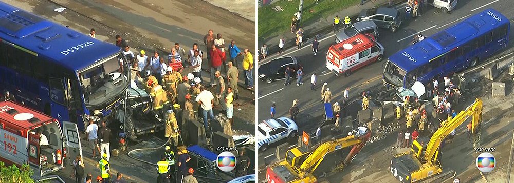 Um acidente envolvendo 12 veículos na Avenida Brasil, na zona norte da cidade do Rio de Janeiro, deixou pelo menos 27 feridos; de acordo com o Corpo de Bombeiros, 21 pessoas foram atendidas e liberadas no próprio local do acidente e outras seis foram encaminhadas para o Hospital Getúlio Vargas (Foto: Leonardo Lucena) Um acidente envolvendo 12 veículos na Avenida Brasil, na zona norte da cidade do Rio de Janeiro, deixou pelo menos 27 feridos; de acordo com o Corpo de Bombeiros, 21 pessoas foram atendidas e liberadas no próprio local do acidente e outras seis foram encaminhadas para o Hospital Getúlio Vargas